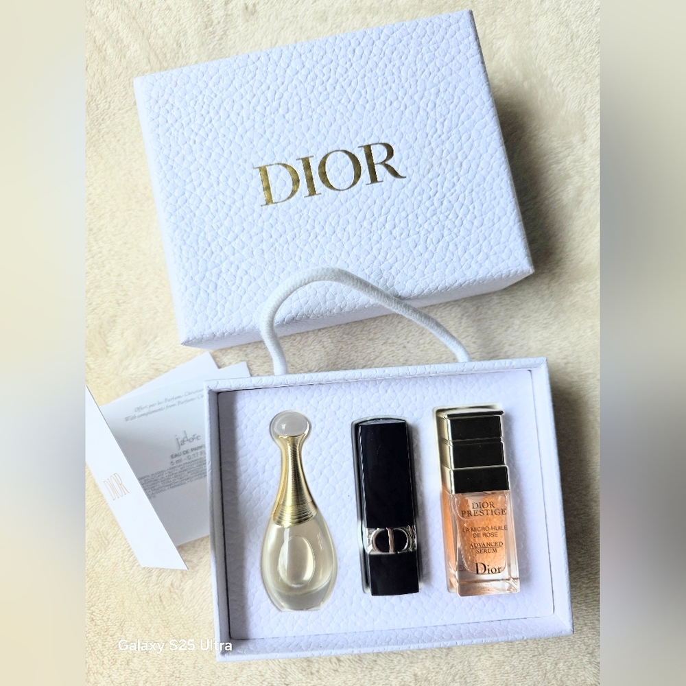 DIOR White and Gold Gift Set with Perfume Lipstick and Serum New